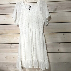 White Swiss Dot Smocked Dress w/Flutter Sleeve